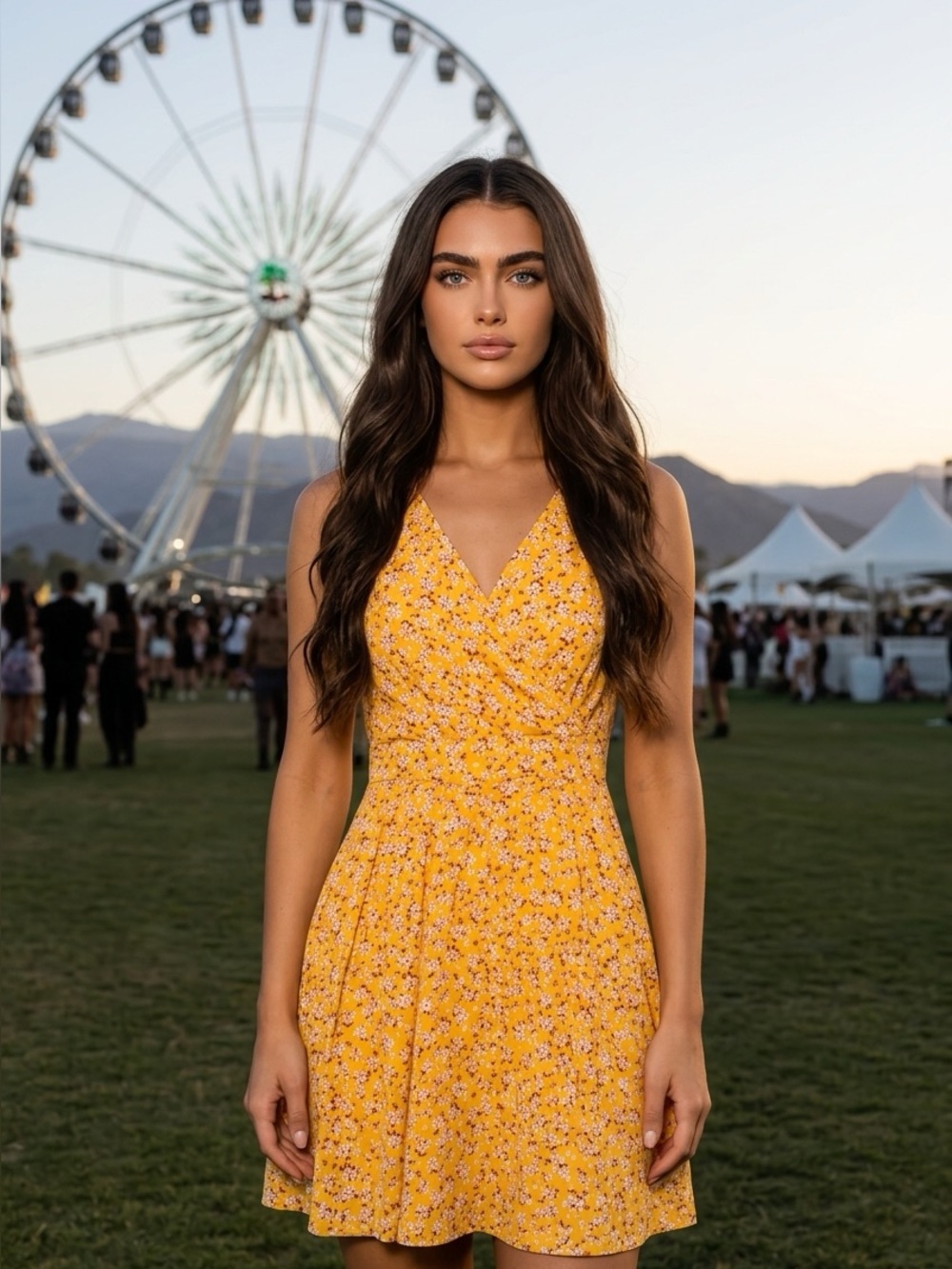 Guberry Yellow Floral Faux-Wrap Midi Dress